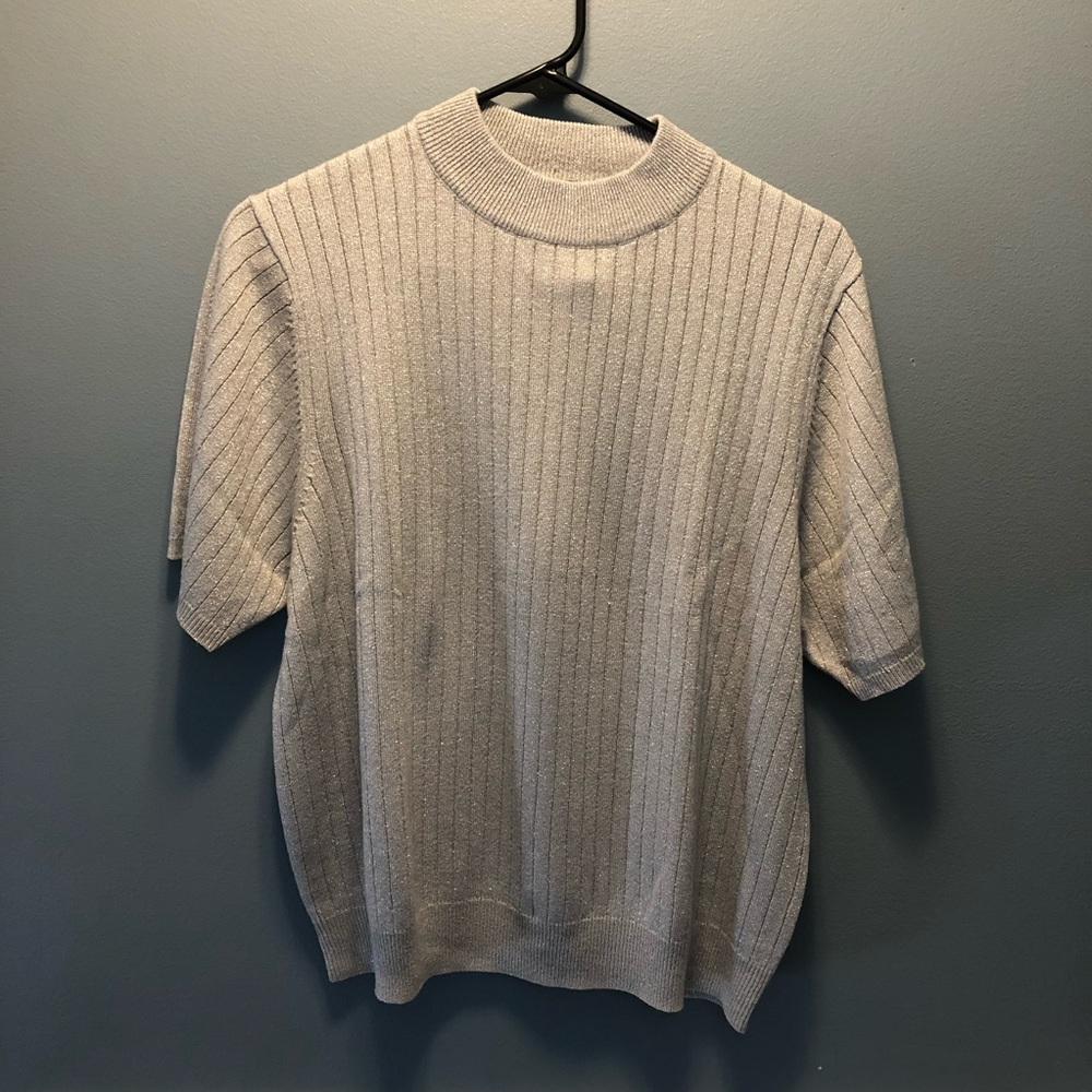 Ladies tan sparkly mock neck short sleeve shirt